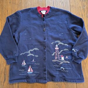 Vintage 90s BonWorth Lighthouse Cardigan M Petite Nautical Coastal Lighthouse